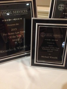 Ricardo & Wasylik PL wins the 2015 Pro Bono Law Firm of the Year Award from Community Legal Services of Mid-Florida